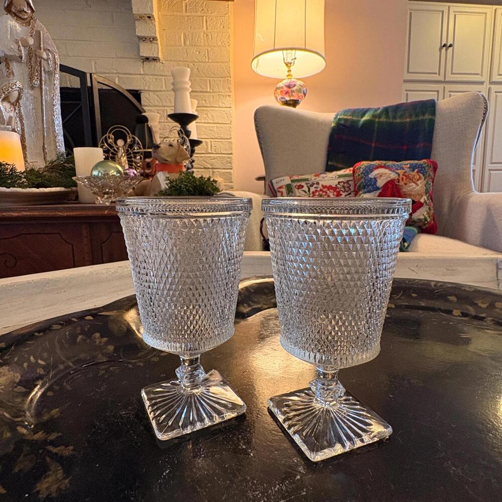 Vintage Anchor Hocking Waffle Block Footed Tumblers Set‎ of Two Clear Diamond
